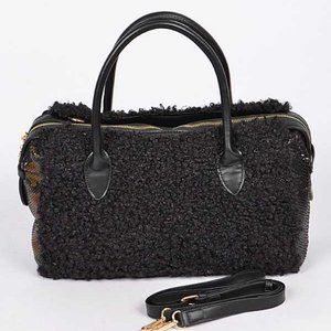 Python Snake Printed Panel Faux Fur Shearling Teddy Convertible Bag - Black